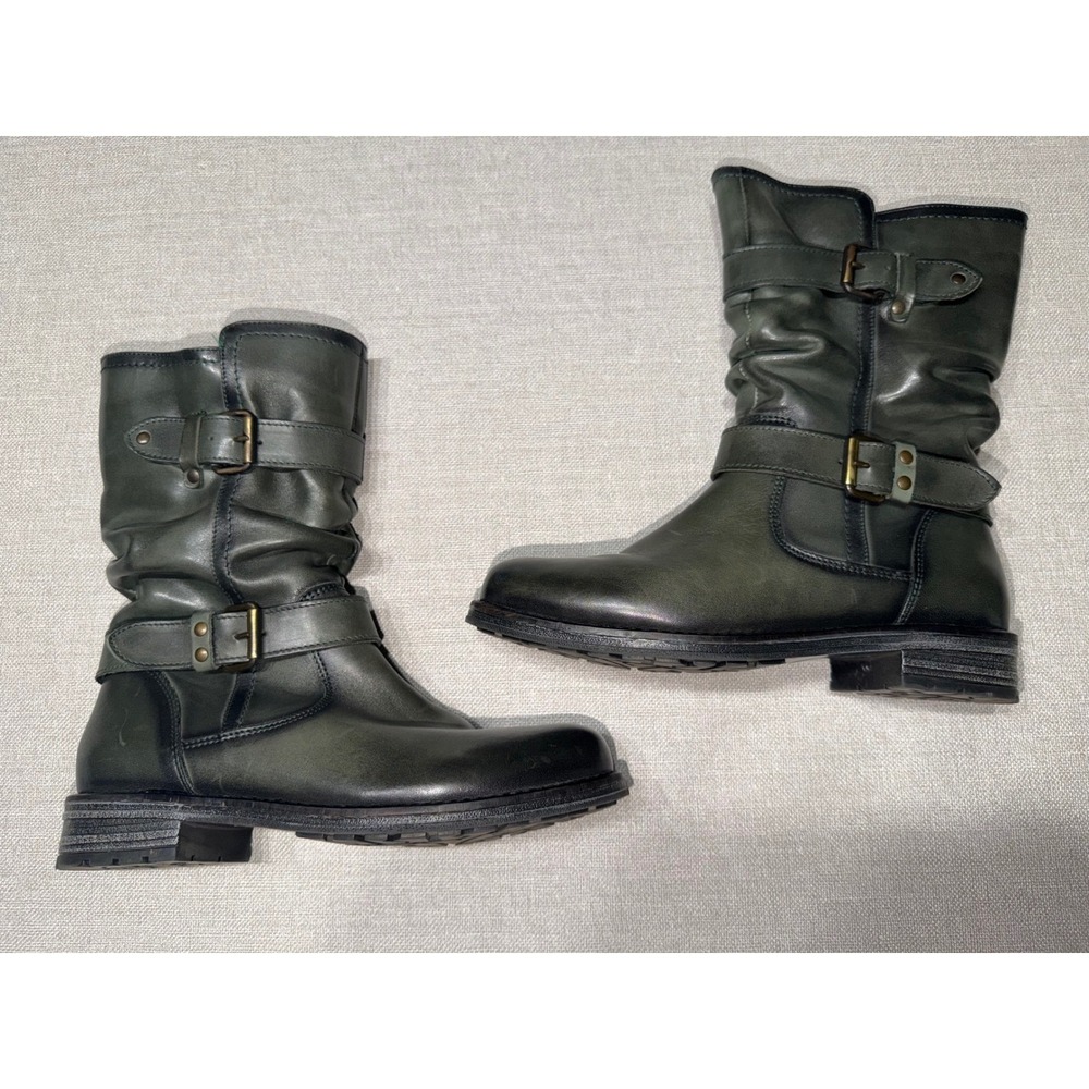 Eric Michael Green Leather Slouch Moto Mid-Calf Boots Buckle Straps Womens 38 - Picture 1 of 10